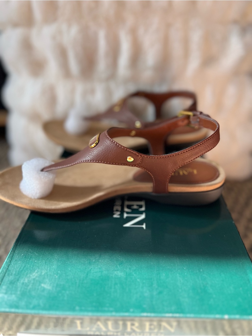 Lauren Ralph Lauren Brown Leather T-Strap Sandals with Gold Hardware - Picture 6 of 8